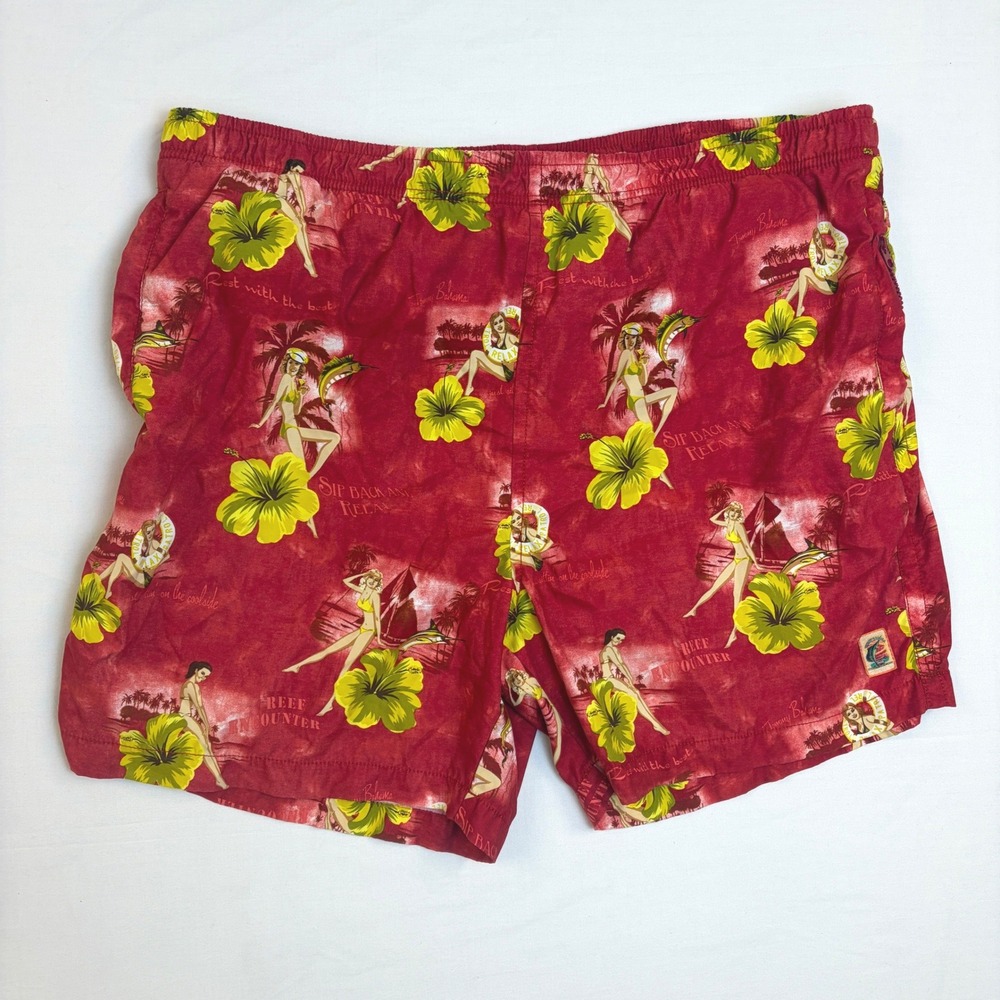 Tommy‎ Bahama Mens XL Swim Trunks Red Pinup Girl Hibiscus Floral Board Shorts